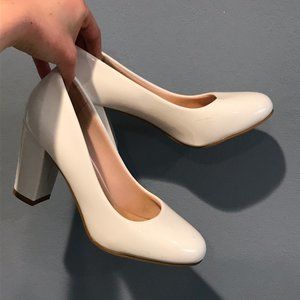 Retro White Patent Block Heel Pumps, size 7.5